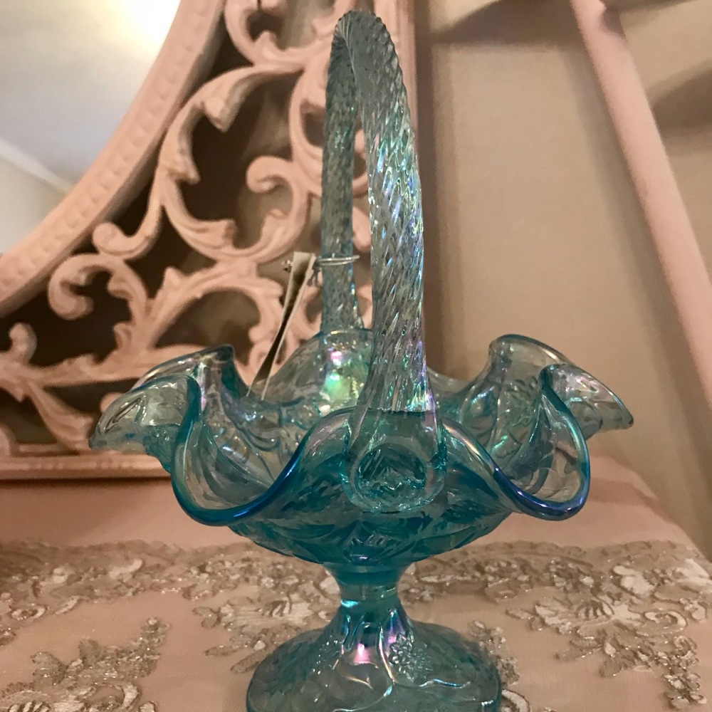 Fenton Blue teal opalescent basket 9 1/2 inch
